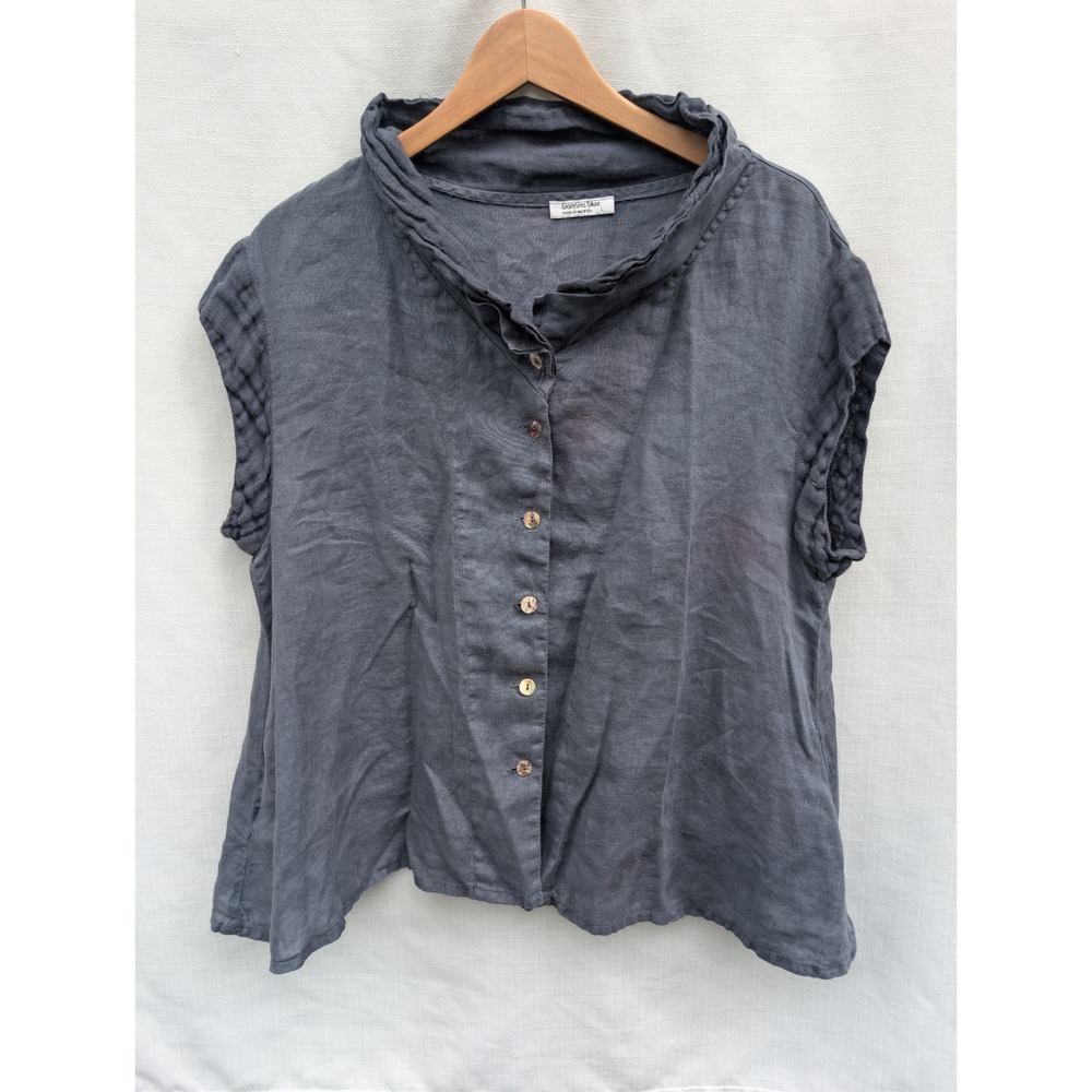 Banana Blue Button Front Shirt Womens L Grey Linen Textured Sleeve Lagenlook